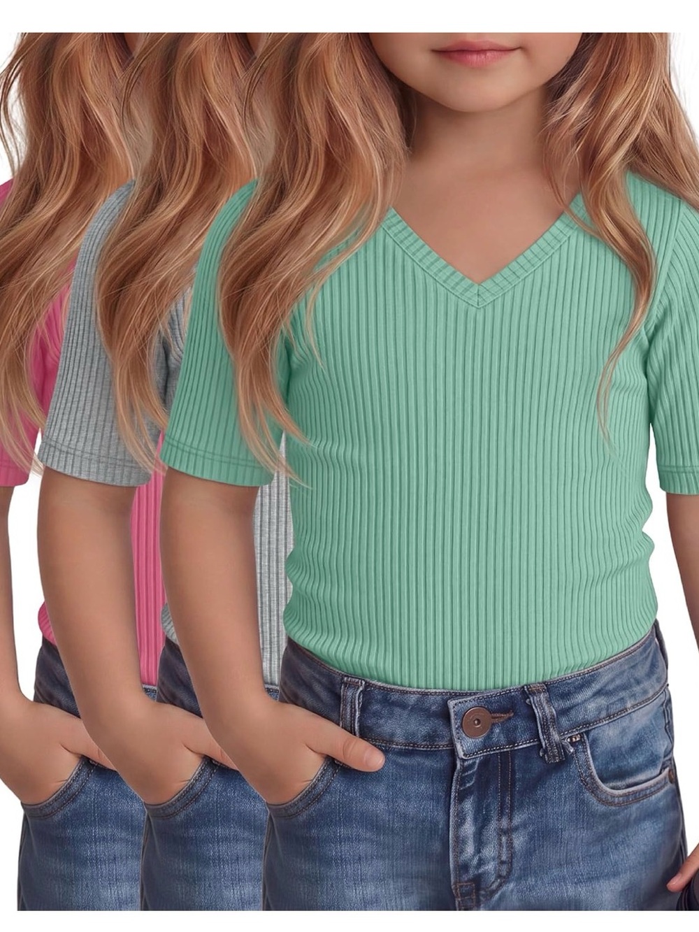 3 Piece Kids Ribbed V-Neck Short Sleeve Tee - Mint